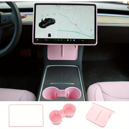3pcs Center Console Accessories for Tesla Model Y & Model 3 Juniper Highland Cup Holder Insert, Screen Edge Protector Frame, Silicone Wireless Charger Mat
