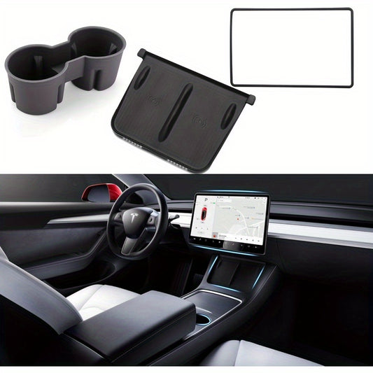 3pcs Center Console Accessories for Tesla Model Y & Model 3 Juniper Highland Cup Holder Insert, Screen Edge Protector Frame, Silicone Wireless Charger Mat