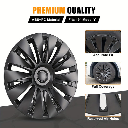 Set Of 4, 19 Inch Wheel Cover Hubcaps for 2020 2021 2022 2023 2024 for TESLA Model Y, 19'' Wheel Rim Cover Wheel Tire Protector Gemini Hubcaps Replacement 4pcs Kit (Dark Grey) for Christmas, Without Battery