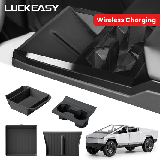 4pcs Silicone Car Accessories Set, American Model, Anti-Slip Center Console Organizer Tray with Cup Holder and Wireless Charging Mat for Tesla Cybertruck 2024