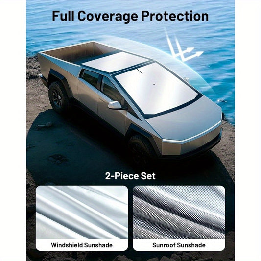 2pcs Upgraded Windshield & Roof Sunshade, Foldable Sun Shade Umbrella Compatible for Tesla Cybertruck 2024 2025, Sunshade Cover for UV, Sun and Heat Protection with Bendable Shaft, Storage Bag