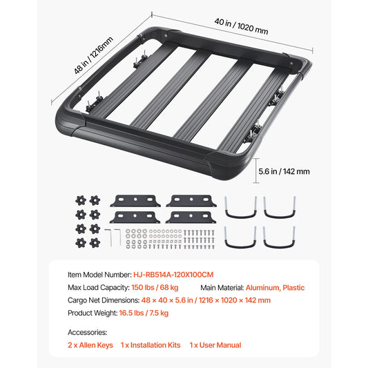 VEVOR Roof Rack Cargo Carrier 48x40x5.6“ Universal Rooftop Cargo Basket Car Top Luggage Holder Anti-Rust Alloy Steel for SUV Car