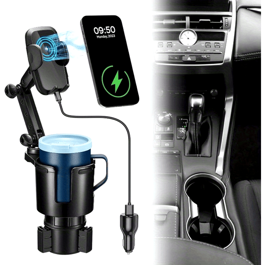 OE 3-in-1 Car Wireless Charger Cup Holder, Upgrade 15W Charging, Car Cup Holder Phone Mount with Adjustable Base & 360° Rotation Compatible for All Smartphones(with Car Adapter)