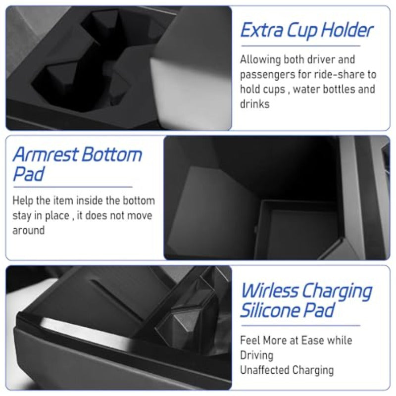 Cybertruck Console Organizer Kit — Cup Holders, Charging Mat & Armrest Pad