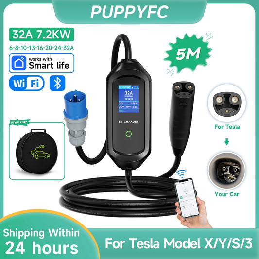 Puppyfc 16A/32A Portable EV Charger for Tesla Model X/Y/S/3 EU Plug Electric Car Box CEE Certified Fast Home Charging