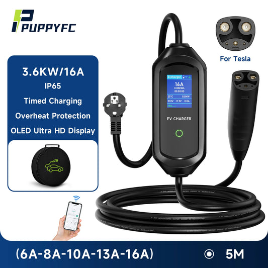 Puppyfc 16A/32A Portable EV Charger for Tesla Model X/Y/S/3 EU Plug Electric Car Box CEE Certified Fast Home Charging