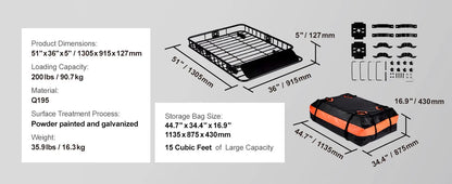 Heavy-Duty Rooftop Cargo Basket — 200 lb Capacity