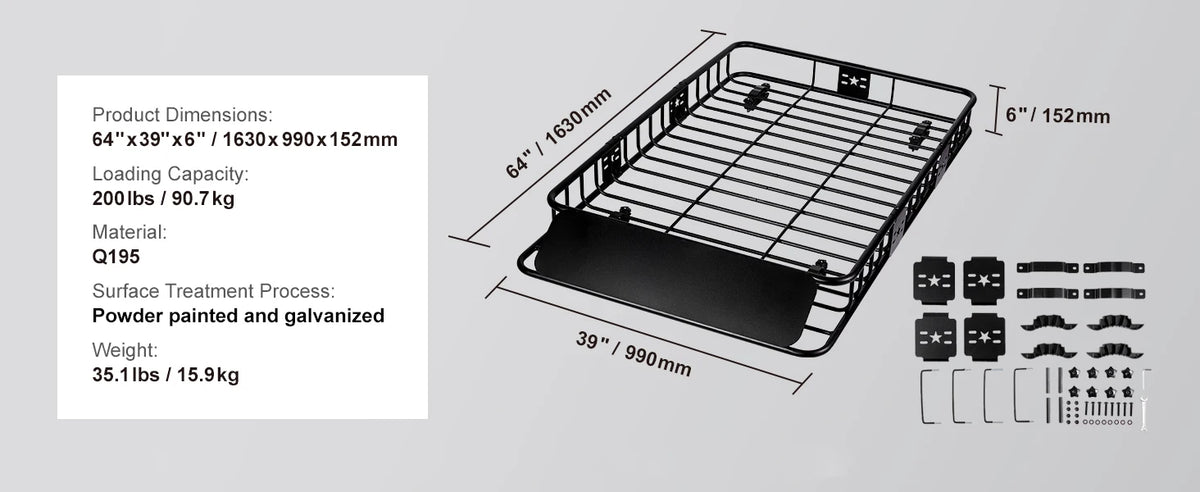 Heavy-Duty Rooftop Cargo Basket — 200 lb Capacity