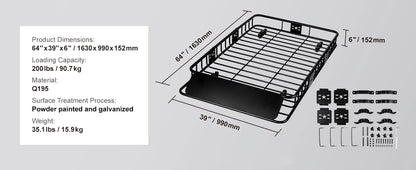 Heavy-Duty Rooftop Cargo Basket — 200 lb Capacity