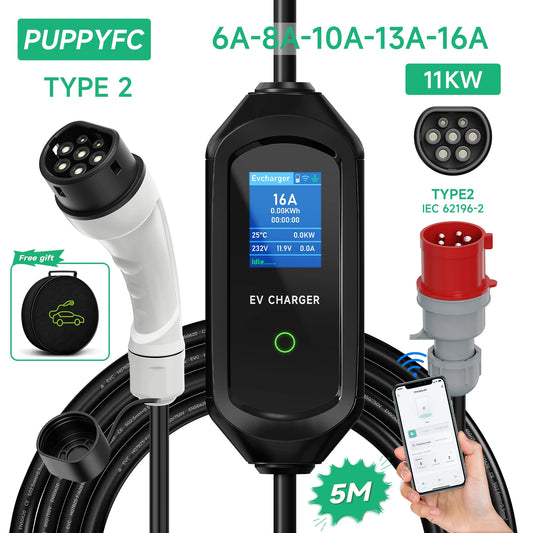 Puppyfc Portable EV Charger Type2 11KW 16A 3Phase Wallbox 5m EVSE Fast Charging CEE Plug WiFi Bluetooth Remote Control