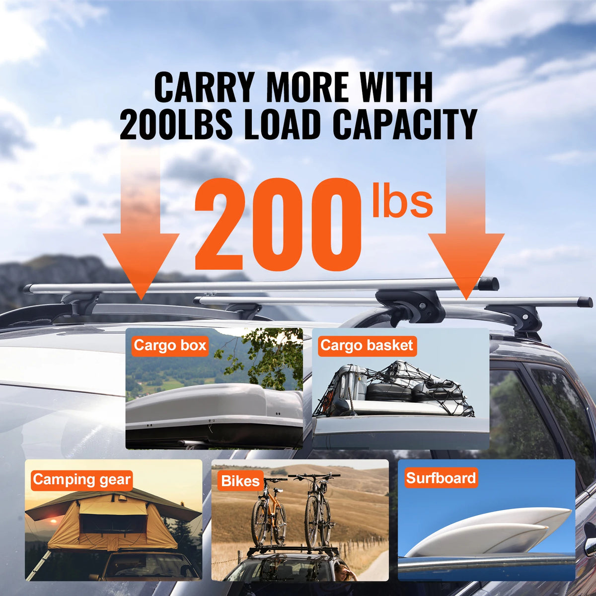 Adjustable Aluminum Roof Rail Crossbars — 200 lb Rated