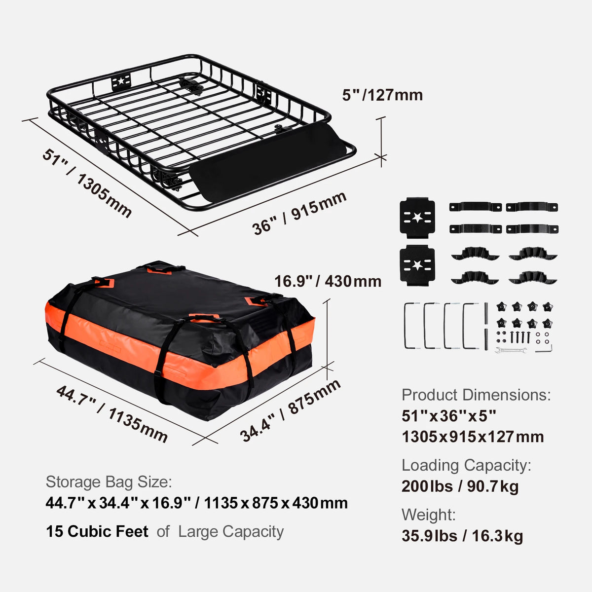 Heavy-Duty Rooftop Cargo Basket — 200 lb Capacity