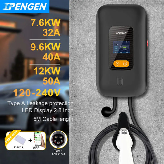 IPENGEN Type1 EV Charger Station 32A 40A 50A EVSE Wallbox APP Function 7.6KW 9.6KW 12KW Charging Station Electric Vehicle Car