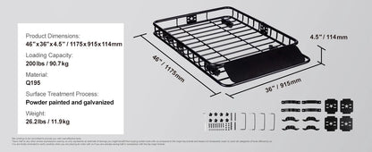 Heavy-Duty Rooftop Cargo Basket — 200 lb Capacity