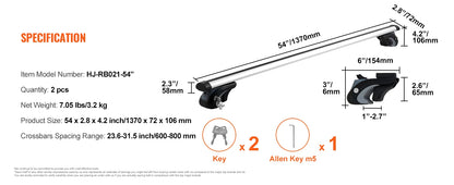 Adjustable Aluminum Roof Rail Crossbars — 200 lb Rated