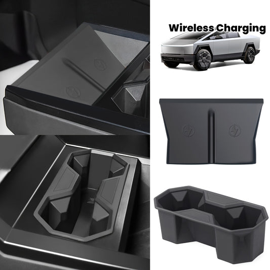 2pcs Center Console Cup Holder And Silicone Pad for Tesla Cybertruck, Anti-Slip Wireless Charging Mat And Cup Holder Insert Drink Organizer for Cybertruck Accessories